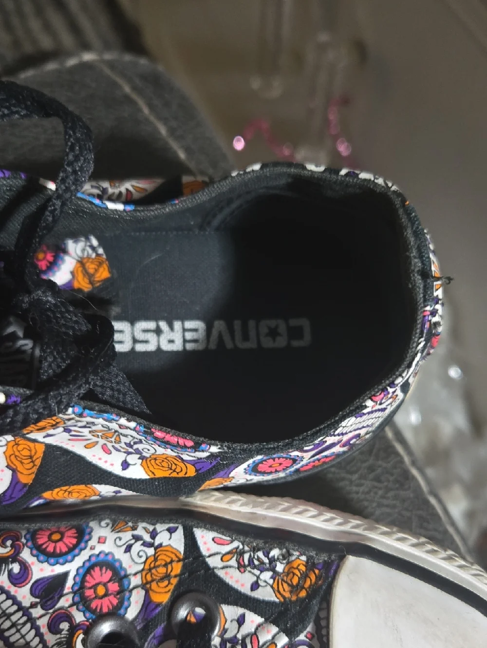 Converse Sneakers with Black Canvas and Colorful Sugar Skull Accent, Mens 7 - Picture 5 of 6